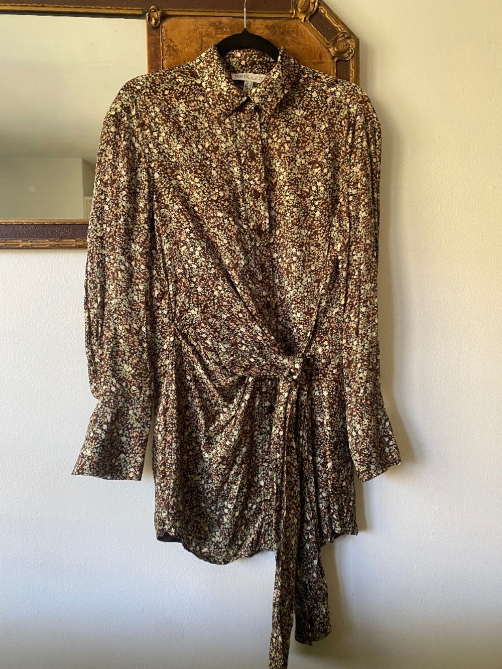 Shona Joy Avriel Tie Front Shirt Mini Dress Brown Floral Size 2 Silk Blend